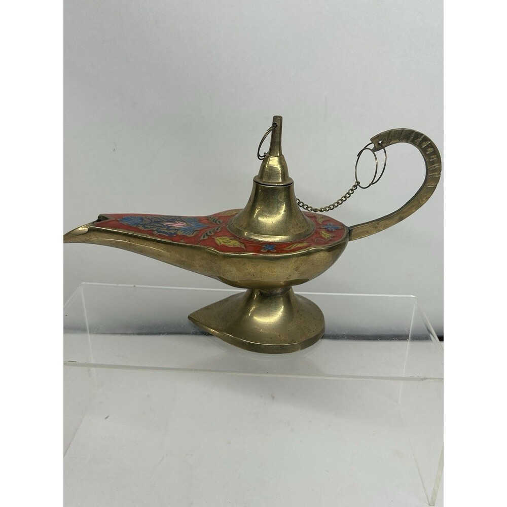 Vintage Brass and Enamel Aladdin Genie Oil Lamp 7.5" Across Ornate Design